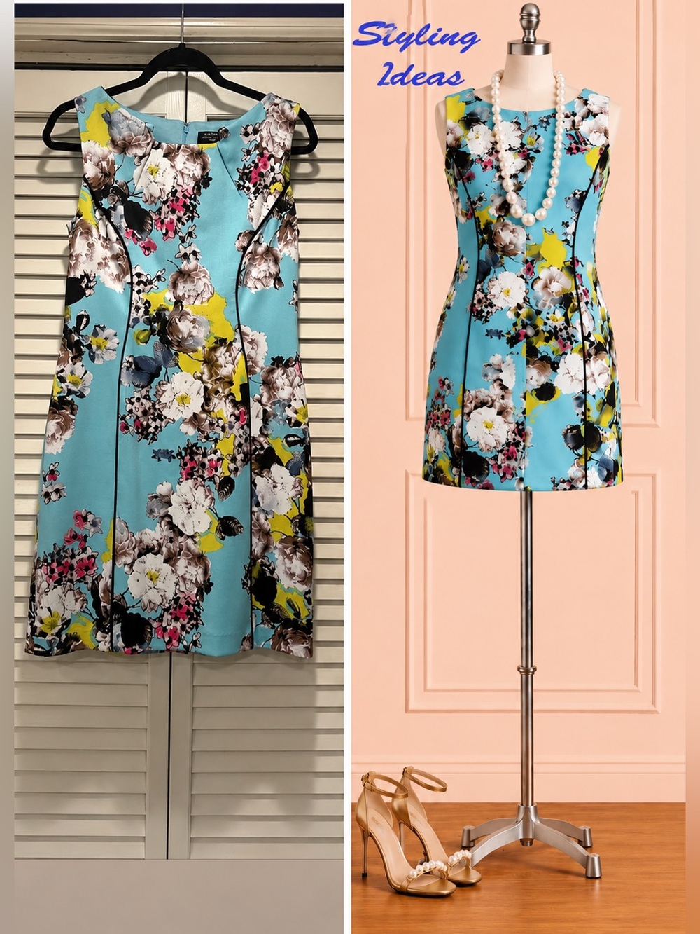 TAHARI ASL—8P, Sheath, Aqua, Floral, Black Pipin—See photos for styling ideas!